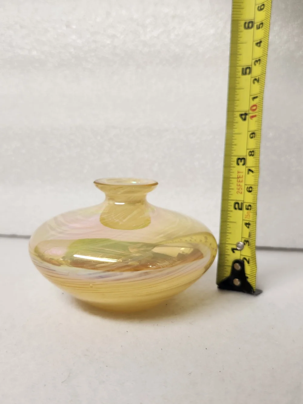 Vintage Iridescent Art Glass Swirl Vase Amber Gold Hand Blown Squat Bud Vessel